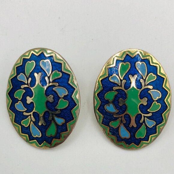 Vintage Blue and Green Enamelled Earrings - Picture 1 of 5